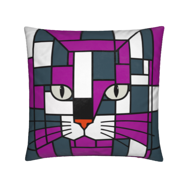 A square magenta pink throw pillow featuring a small black silhouette of a sitting cat in the bottom right corner, set against a plain white background.