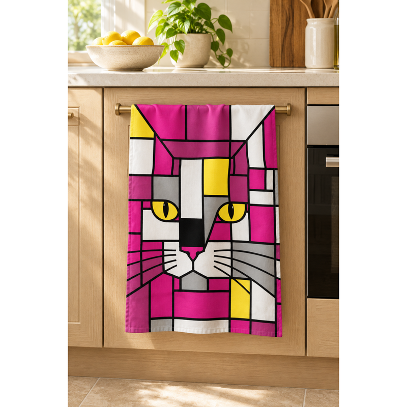 A kitchen towel featuring a carnival cat face in a geometric, stained-glass-like pattern of red, blue, yellow, white, and gray, hanging on a metal handle over light wood kitchen cabinets.