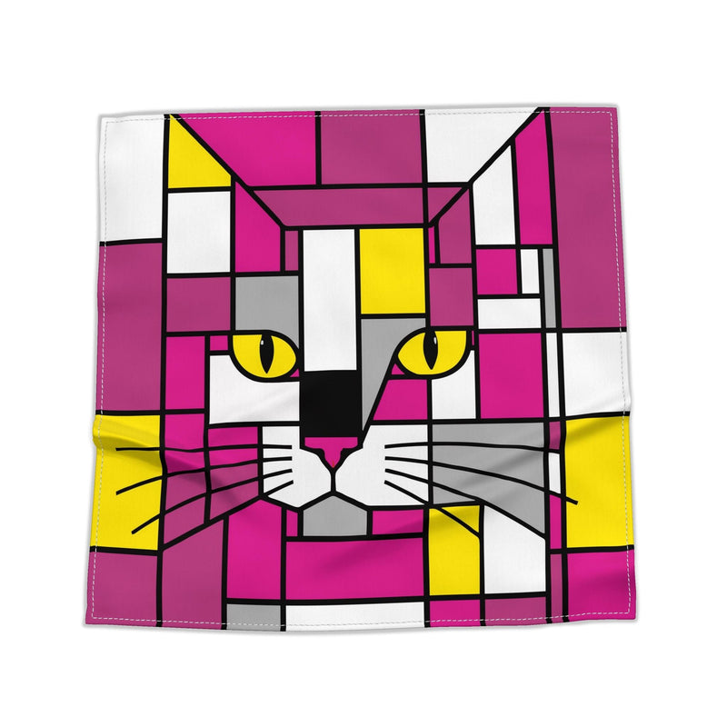 A square white fabric kids and adults cotton, silk or polyester bandana or pocket square featuring a colourful geometric cat design in a stained-glass style with pink, yellow, gray, and white blocks and black outlines.