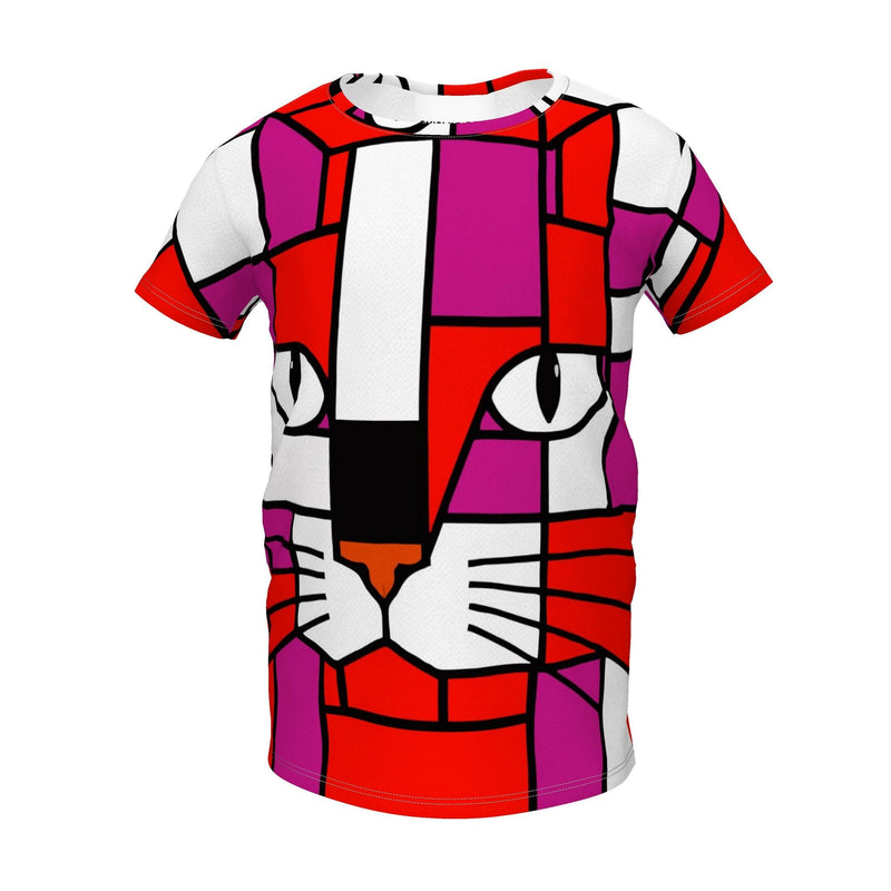 A short-sleeve crewneck t-shirt featuring a colorful, geometric cat face design in a stained-glass art style, shown against a plain white background.