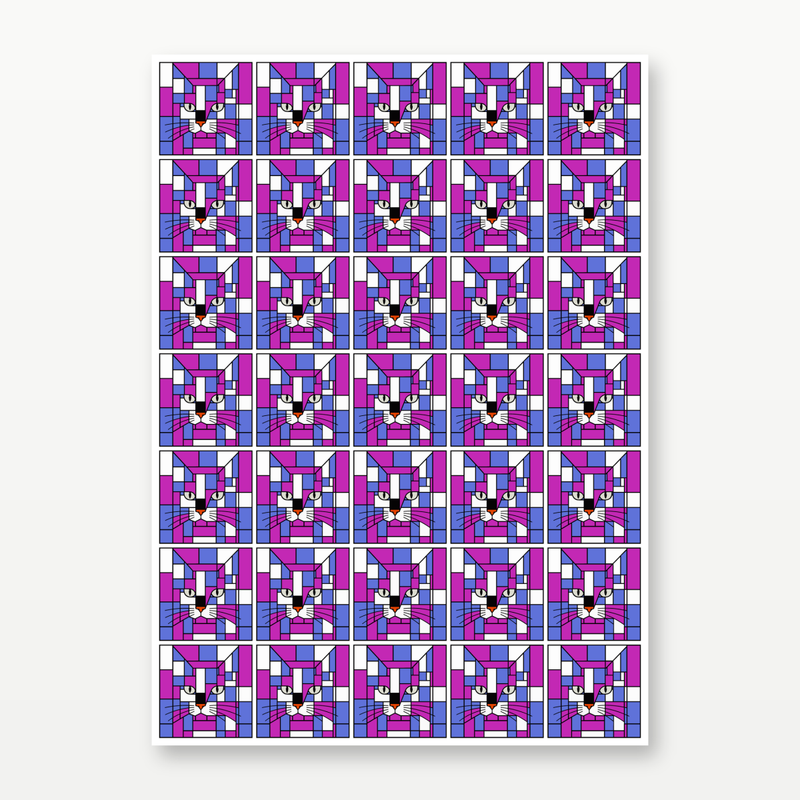 A rectangular set of 35 stickers  featuring a repeating grid of cat faces in a geometric, stained-glass-like pattern with pink, purple, blue, white, and black shapes, shown against a light gray background.