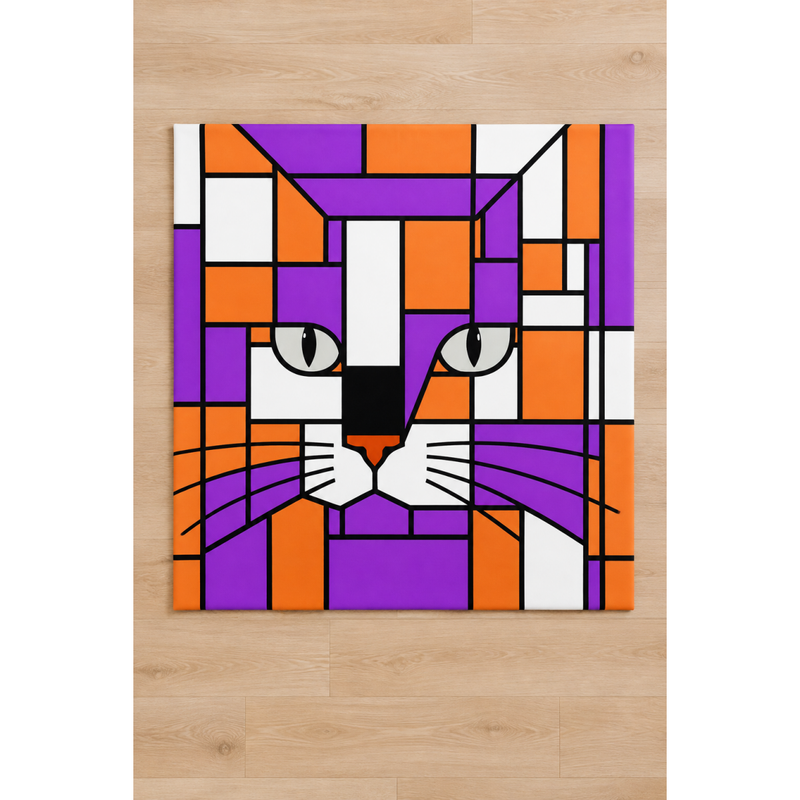 A square kids play mat featuring a cat face in a geometric stained-glass style, with purple, orange, white, and black blocks, displayed against a light wood floor.