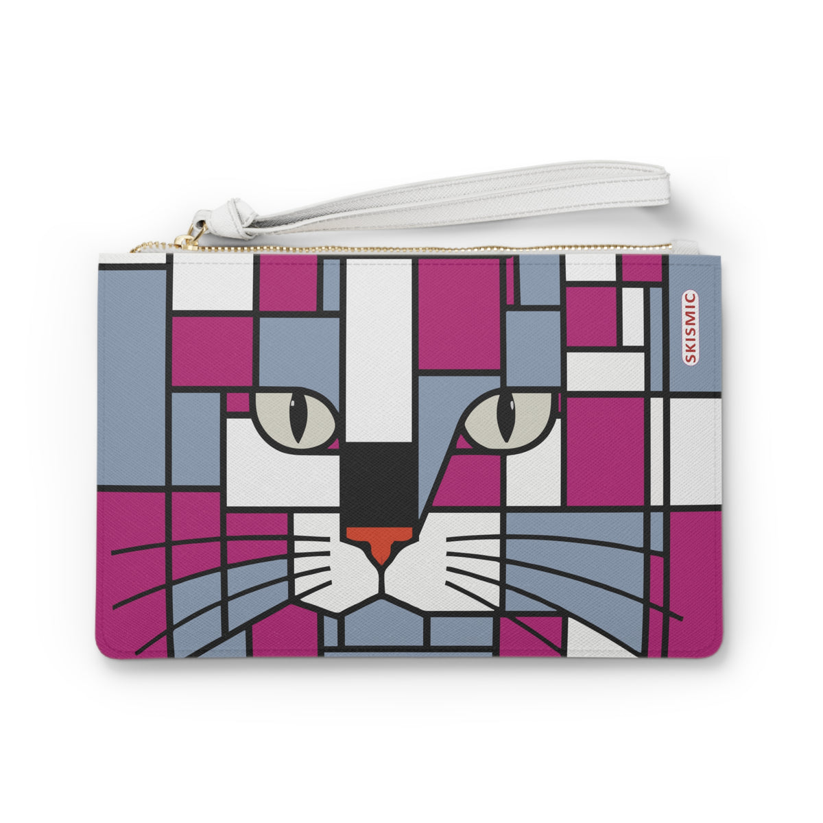 Clutch Bag - Twin Design - Skismic and Lucky Black Cat - Light grey with deep pink or brick red