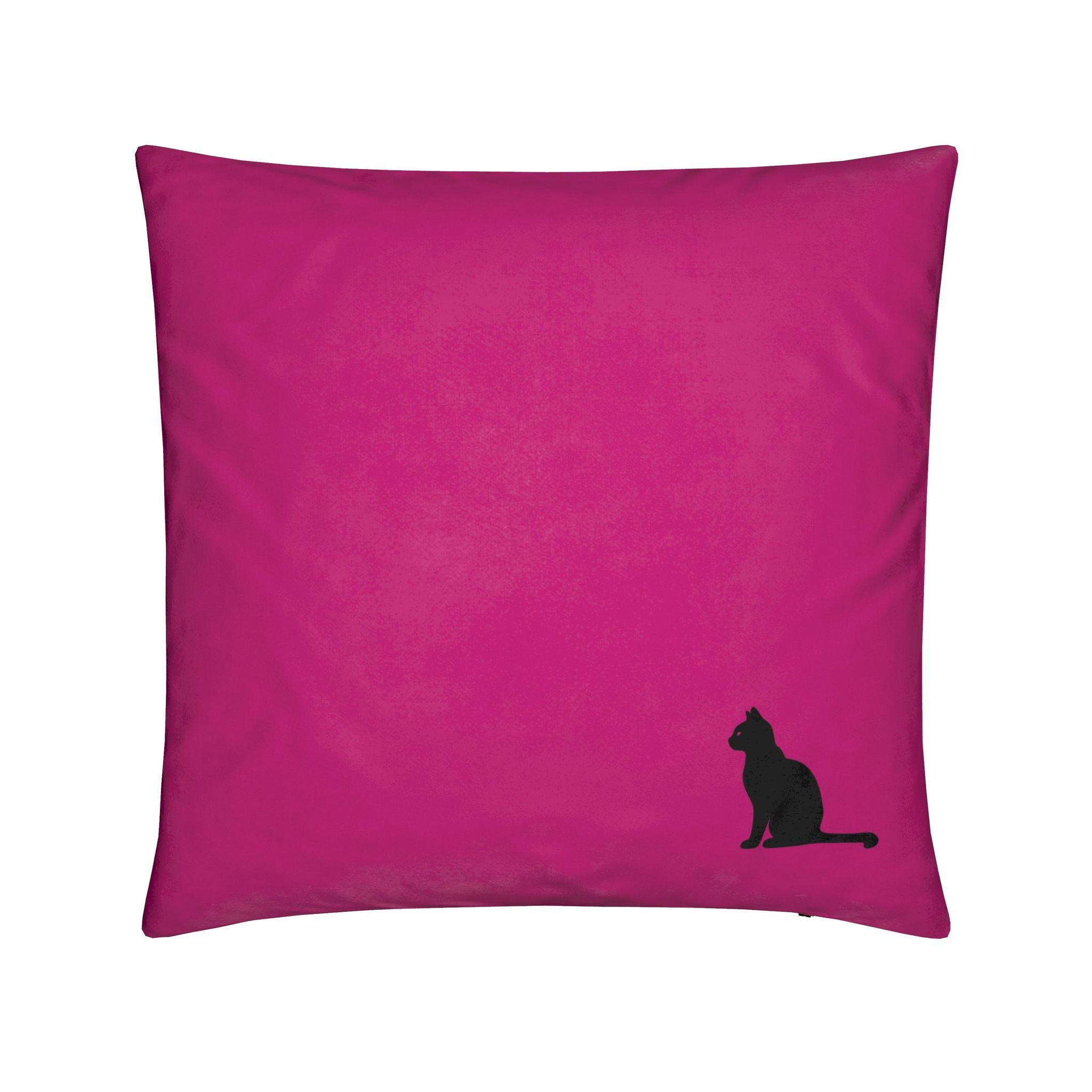 A square magenta pink throw pillow featuring a small black silhouette of a sitting cat in the bottom right corner, set against a plain white background.