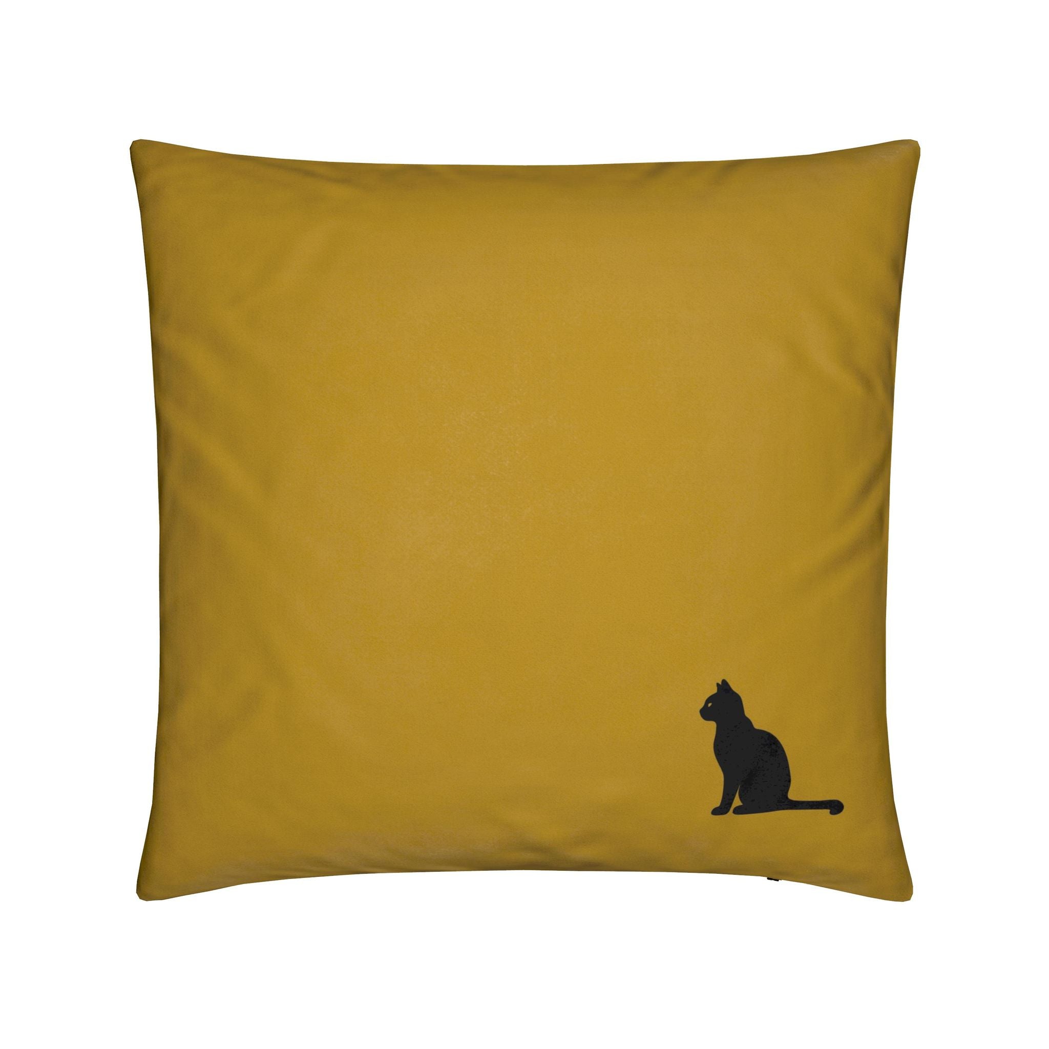 A square mustard yellow throw pillow featuring a small black silhouette of a sitting cat in the bottom right corner, set against a plain white background.