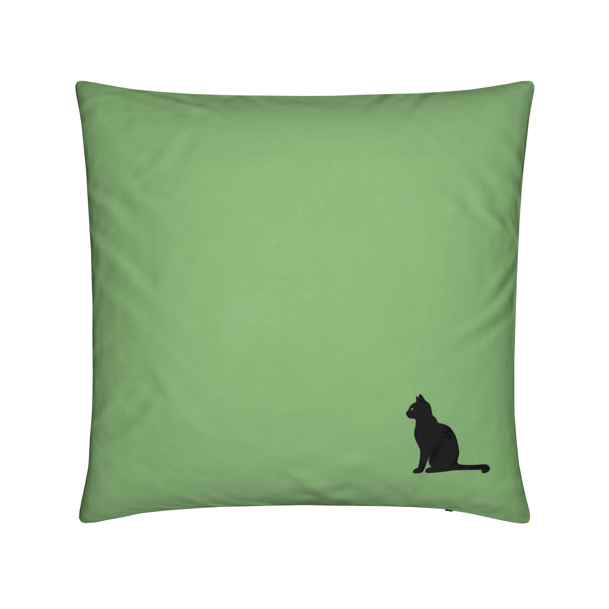 A square sage green throw pillow featuring a small black silhouette of a sitting cat in the bottom right corner, set against a plain white background.