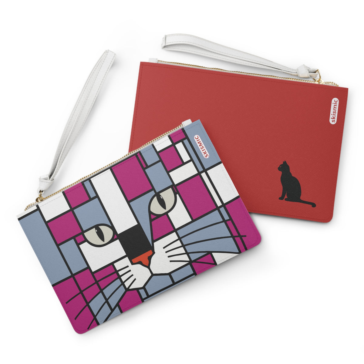 Clutch Bag - Twin Design - Skismic and Lucky Black Cat - Light grey with deep pink or brick red