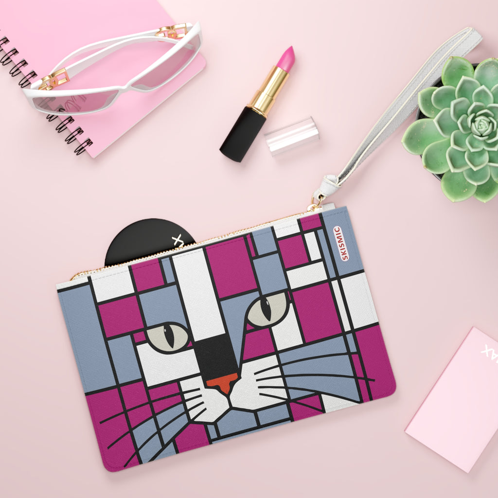 Clutch Bag - Twin Design - Skismic and Lucky Black Cat - Light grey with deep pink or brick red