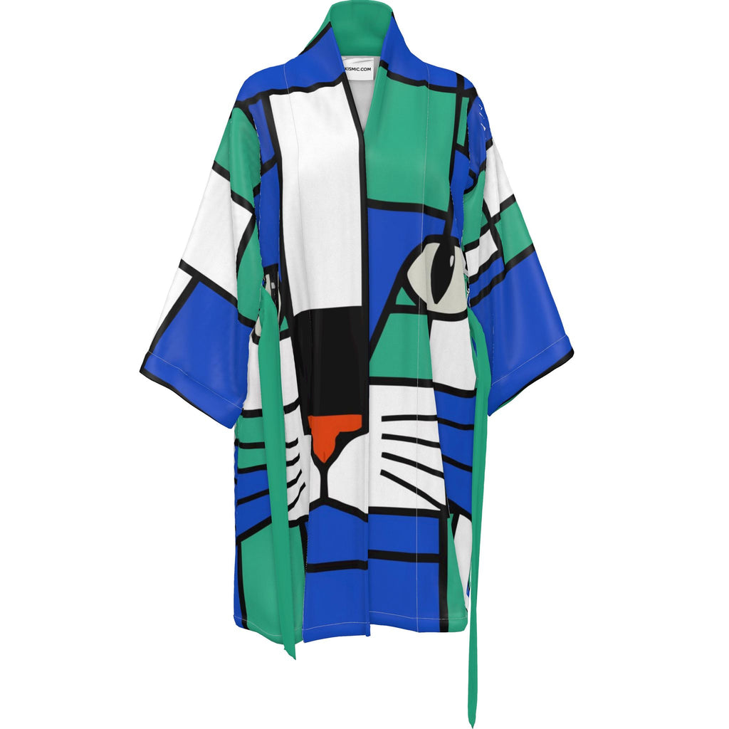Aqua Cat Green Blue Kimono Robe in Silk or Satin