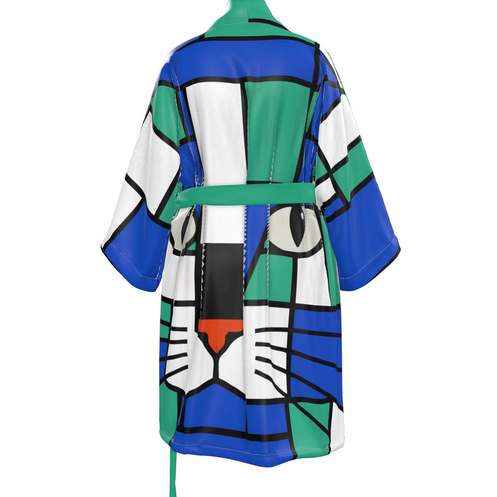 Aqua Cat Green Blue Kimono Robe in Silk or Satin