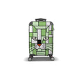 A hard-shell spinner suitcase with a green and white geometric cat face design, featuring the brand name 'skismic' on the front, set against a plain white background.