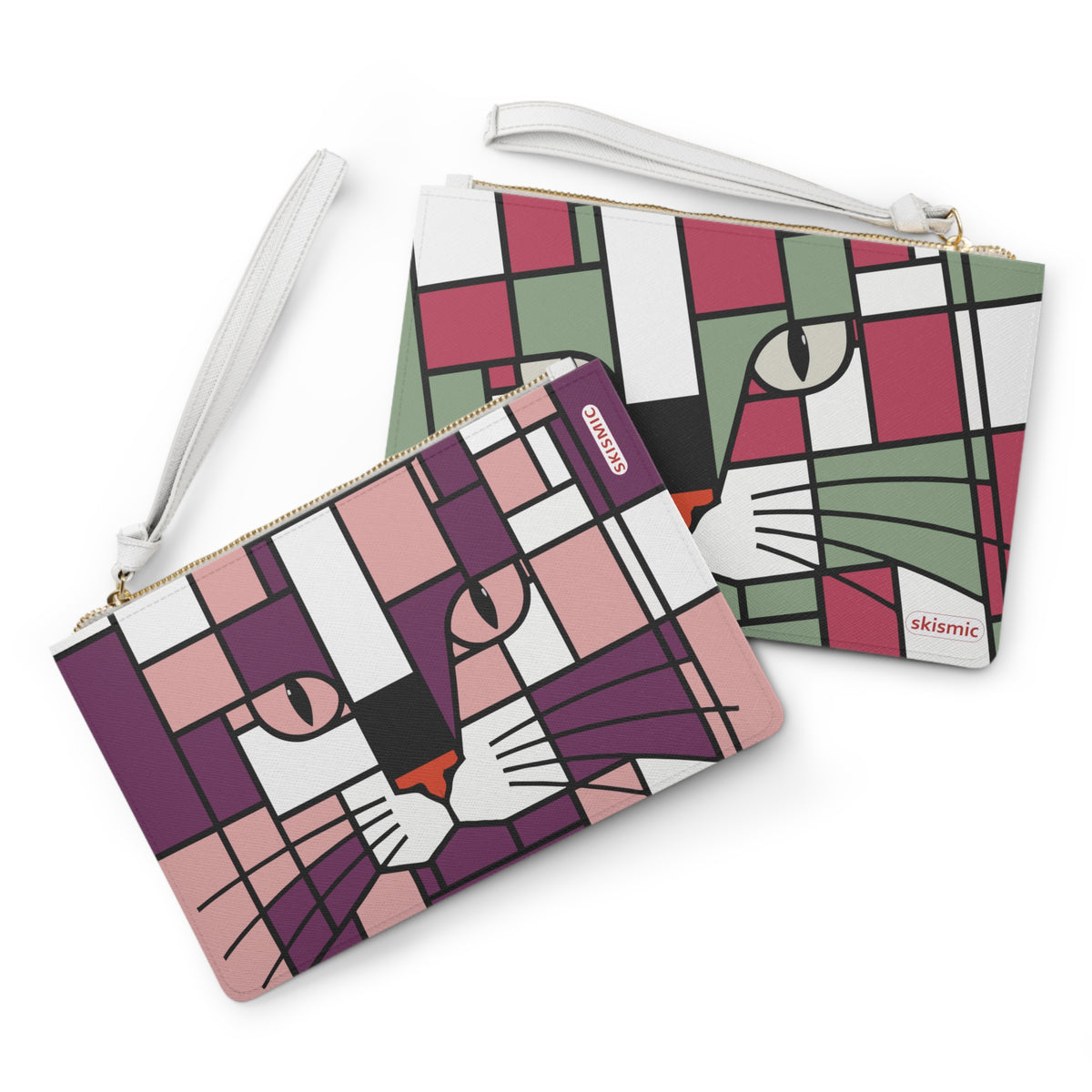 Skismic Cat Clutch Bag – Rose Pink / Crimson with Forest Terracotta / Green