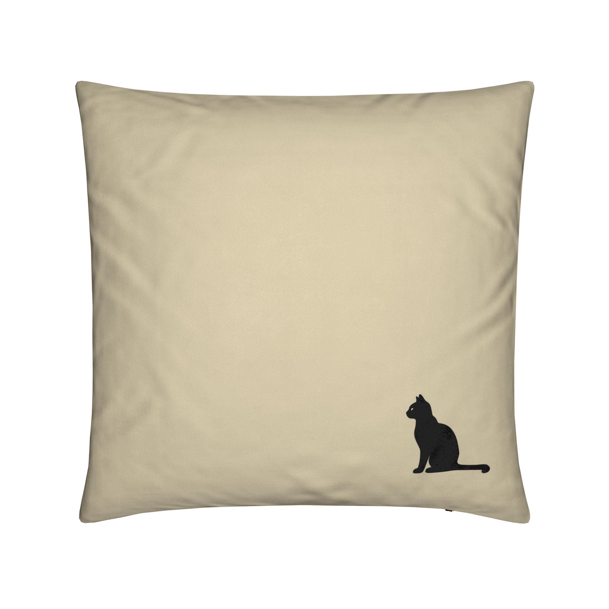 A square beige throw pillow featuring a small black silhouette of a sitting cat in the bottom right corner, shown against a plain white background.