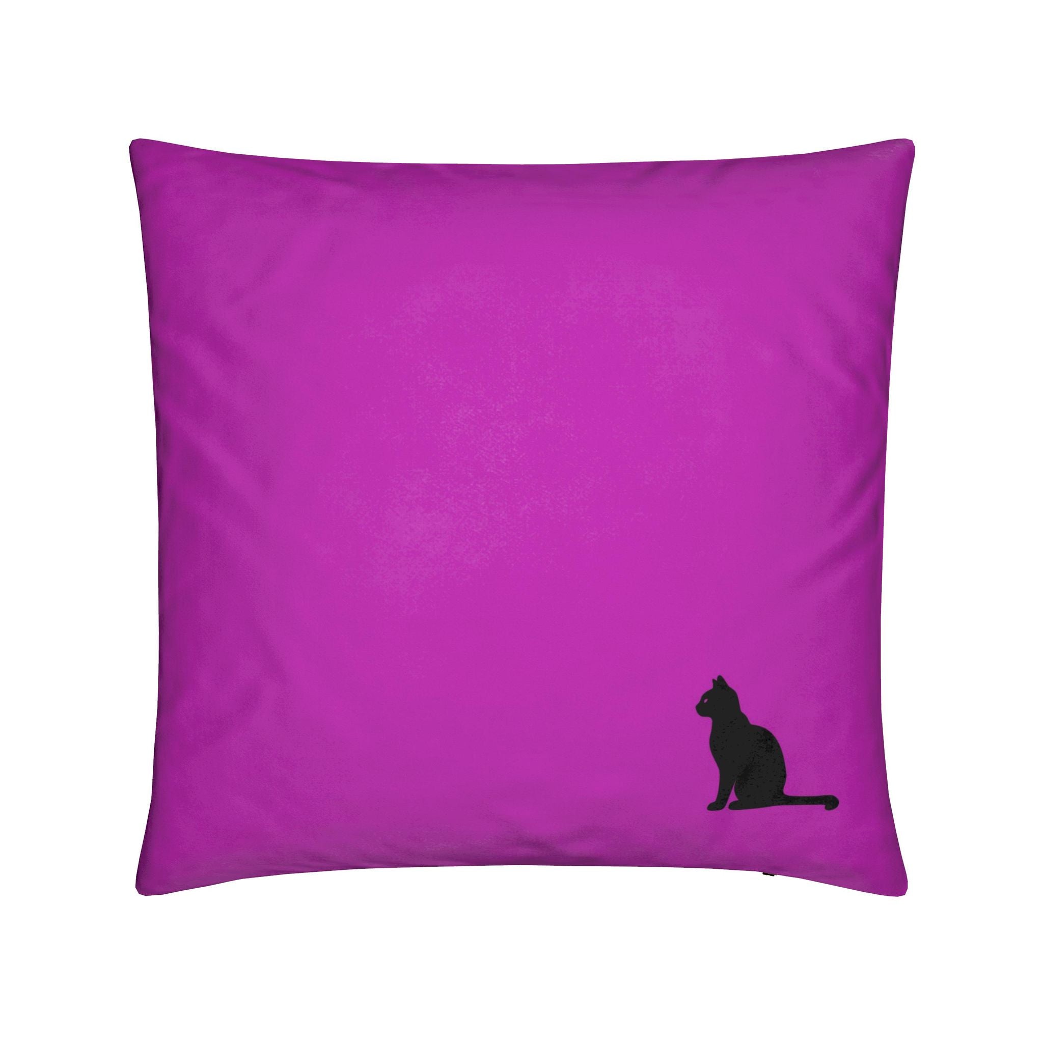 A square magenta pink throw pillow featuring a small black silhouette of a sitting cat in the bottom right corner, set against a plain white background.