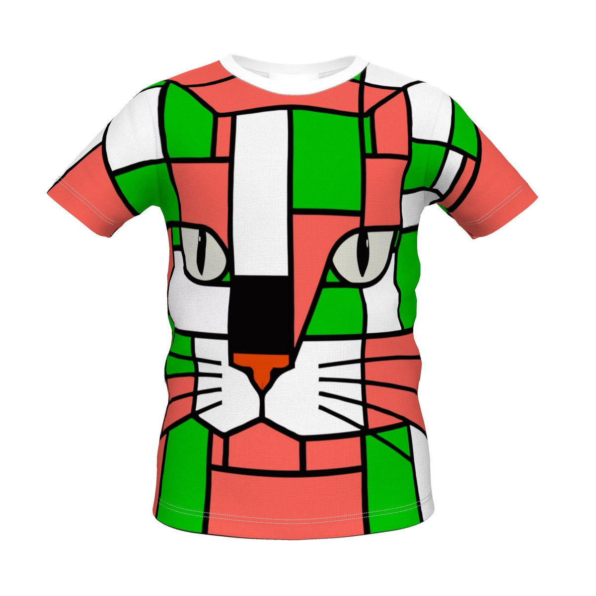 A short-sleeve crewneck t-shirt featuring a bold, geometric, stained-glass style cat face graphic in red, green, white, black, and orange, displayed on a clean white background.