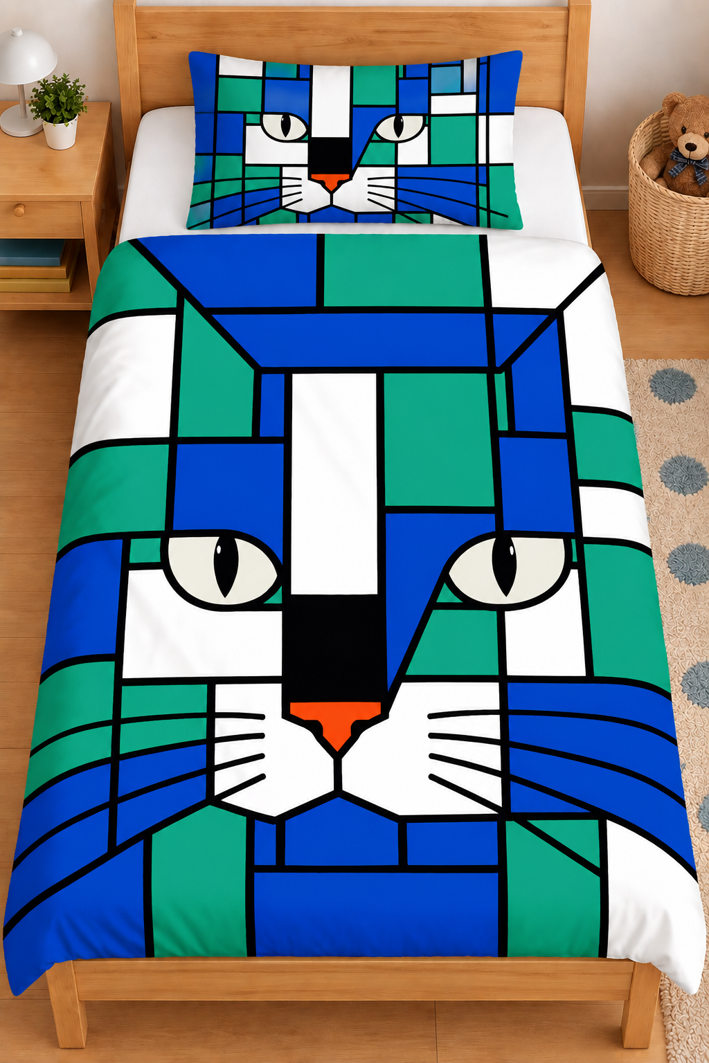 Aqua Skismic Green Blue Cats Face Duvet Covers with Pillows