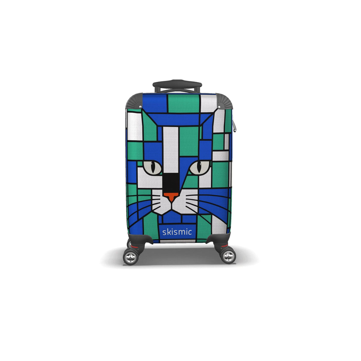 A hard-shell kids toll on spinner suitcase with a colorful geometric cat-face design in shades of blue, green, white, and gray, featuring the brand name 'skismic' on the front, set against a plain white background.