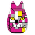 A baby sleeping bag featuring a colorful geometric cat face design in pink, magenta, yellow, gray, and white, shown against a plain white background.