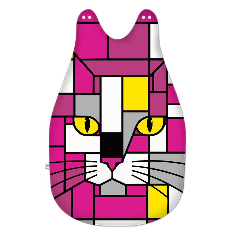 A baby sleeping bag featuring a colorful geometric cat face design in pink, magenta, yellow, gray, and white, shown against a plain white background.