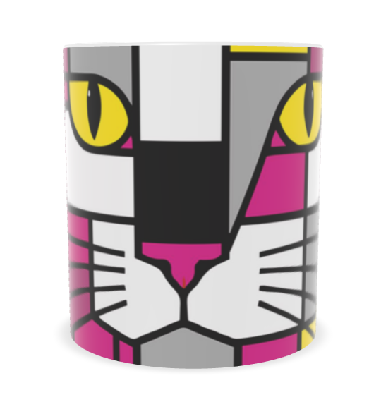A pink ceramic mug featuring a stylized, geometric cat face design in pink, gray, black, and yellow on a plain white background.