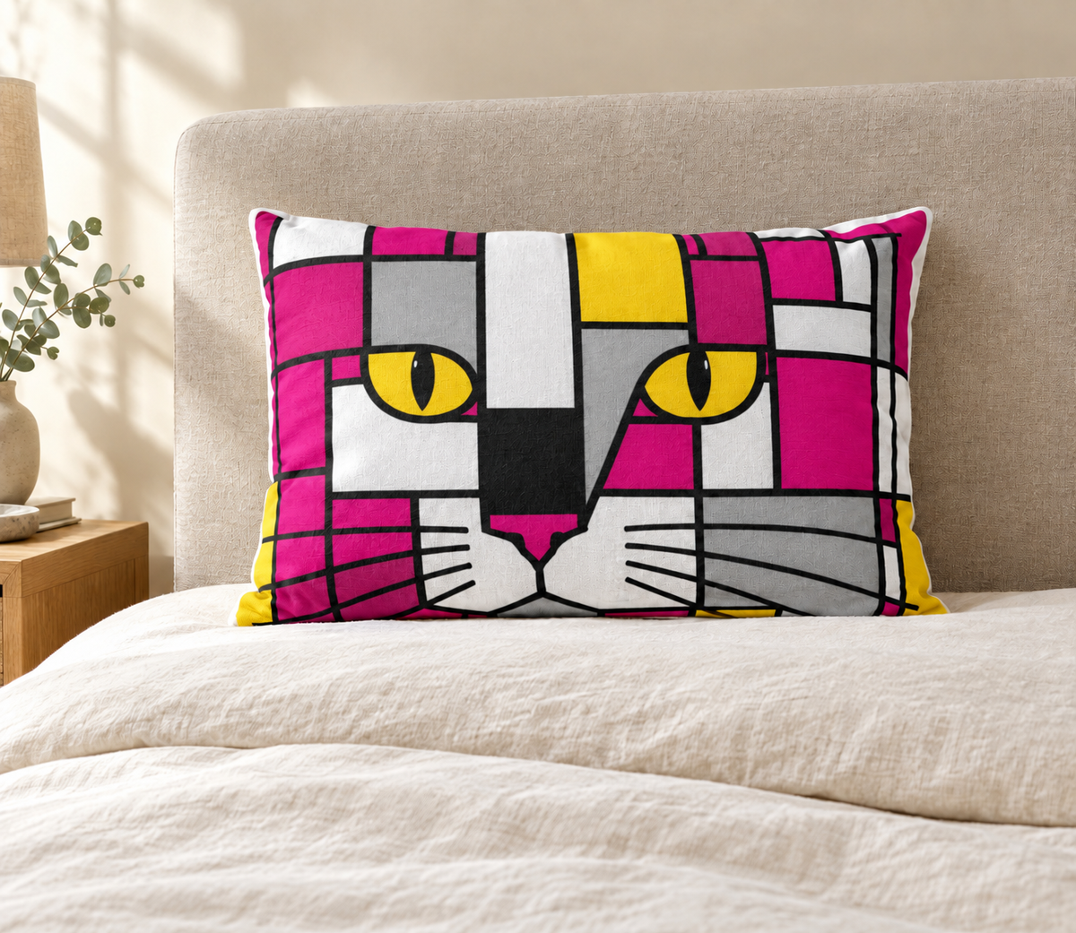 candy yellow pillow with cat face