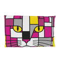 A rectangular throw pillow featuring a colorful, geometric cat face design in a stained-glass style with pink, yellow, gray, white, and black blocks.