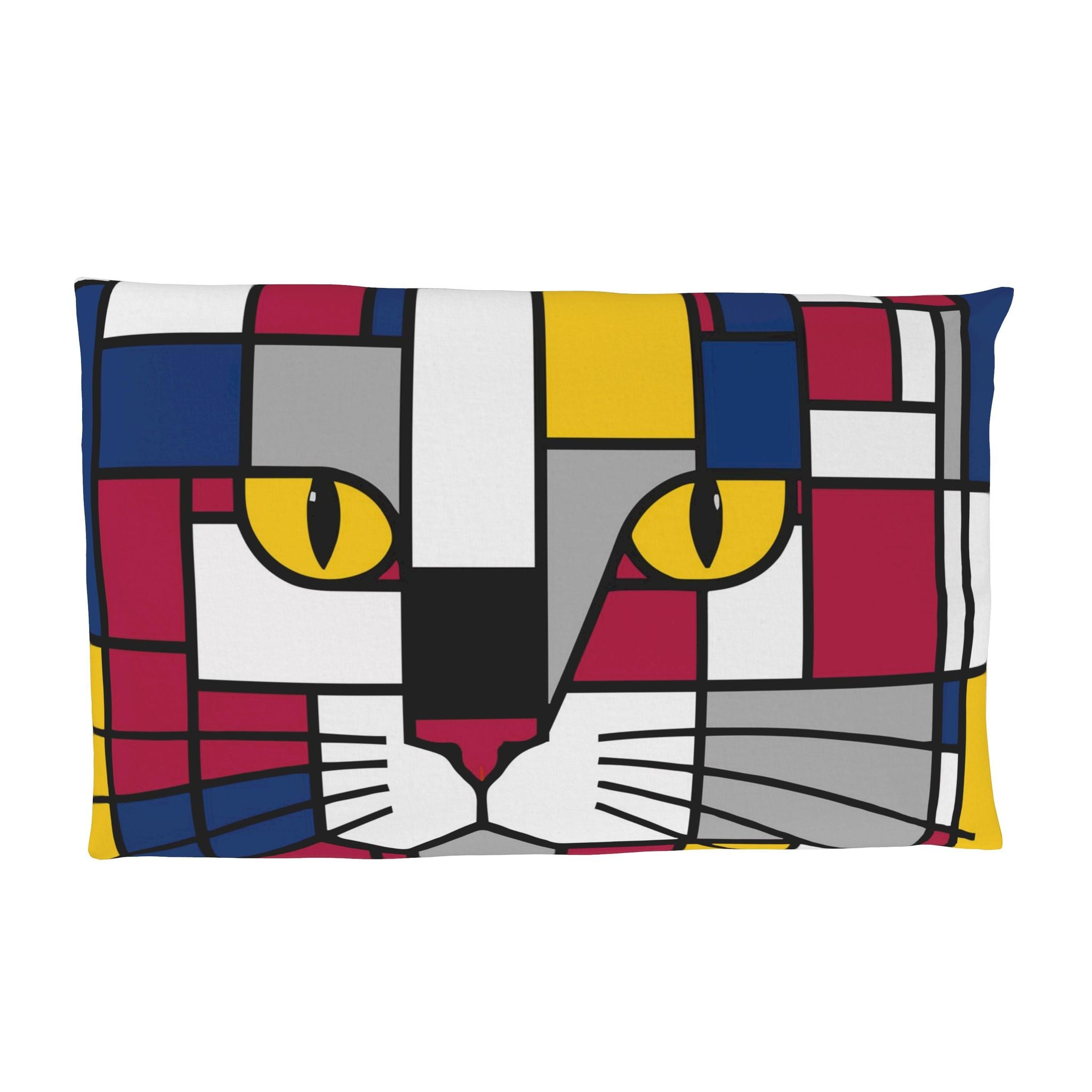 A rectangular throw pillow featuring a stylized cat face in a geometric, Piet Mondrian-inspired block pattern with yellow eyes, on a solid white background.