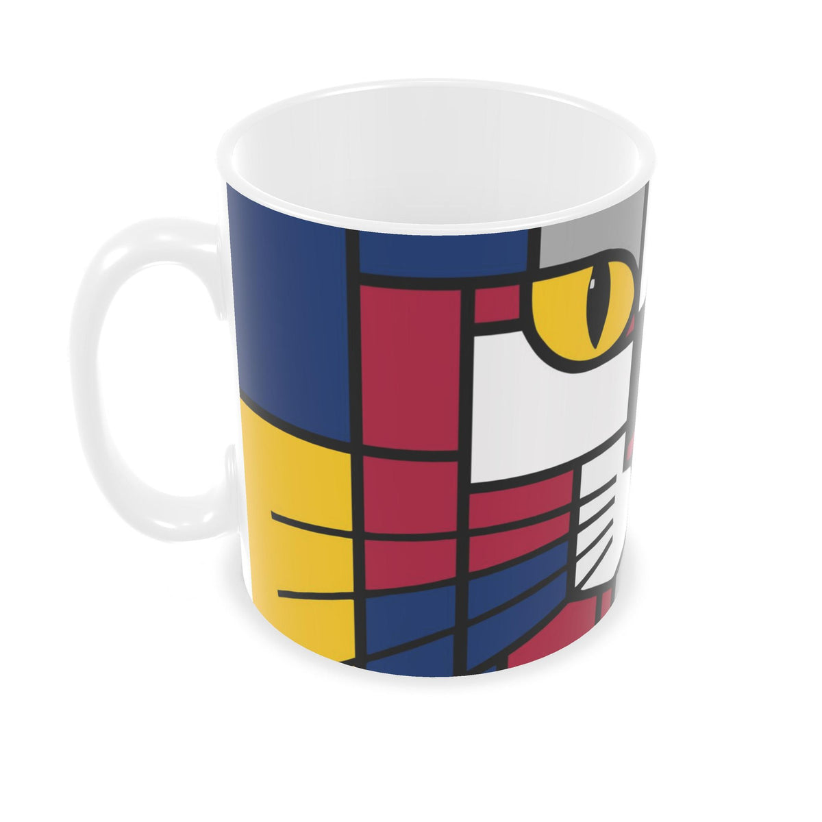A ceramic mug featuring a  cubist-style cat face illustration in blue, red, yellow, and white with black outlines.