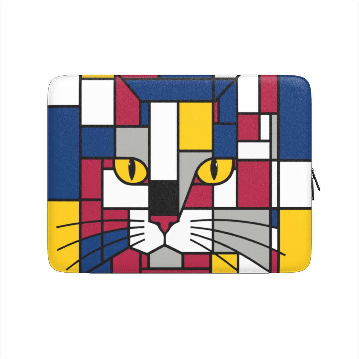 Carnival geometric cat face premium laptop sleeve in dark red, blue and yellow, shown from the front.