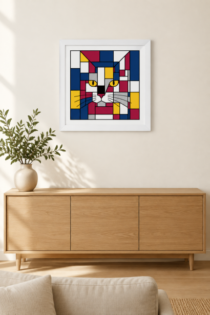 carnival framed -square poster print blue red yellow cat face