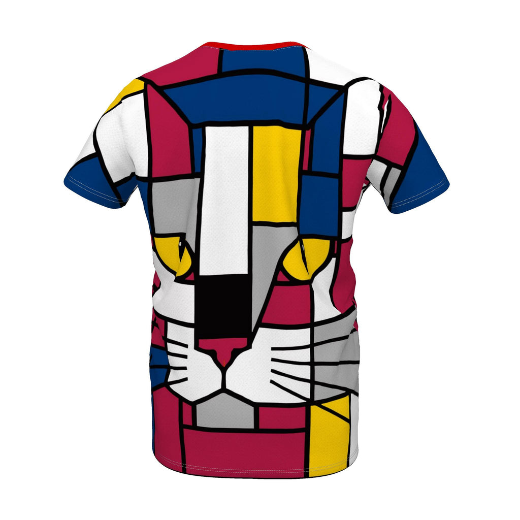 A short-sleeve crewneck t-shirt featuring a bold, geometric cat face design in a Mondrian-style color-blocked pattern with navy blue, magenta, yellow, white, gray, and black blocks.