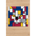 A square childrens kids playmat featuring a stylized cat face in a geometric, Piet Mondrian-inspired block pattern, displayed on a light wood floor.