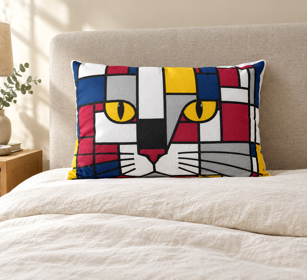 pillow on bed -red blue yellow cat