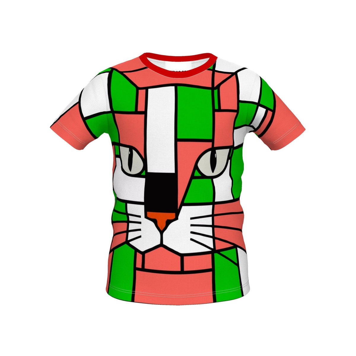 A short-sleeve crewneck t-shirt featuring a bold, geometric cat face design in a stained-glass style with green, coral pink, white, and black blocks.