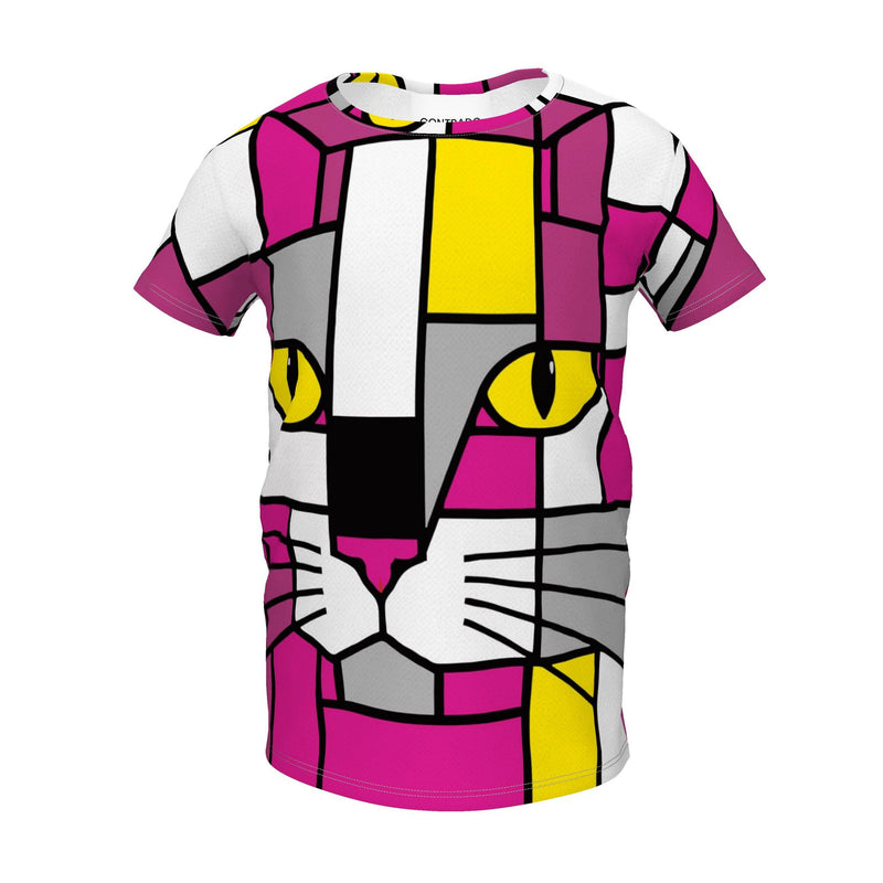 A short-sleeve crewneck t-shirt featuring a colorful, geometric cat face design in a stained-glass style. The design uses bright pink, yellow, white, and gray blocks outlined in black, with yellow eyes and white whiskers.