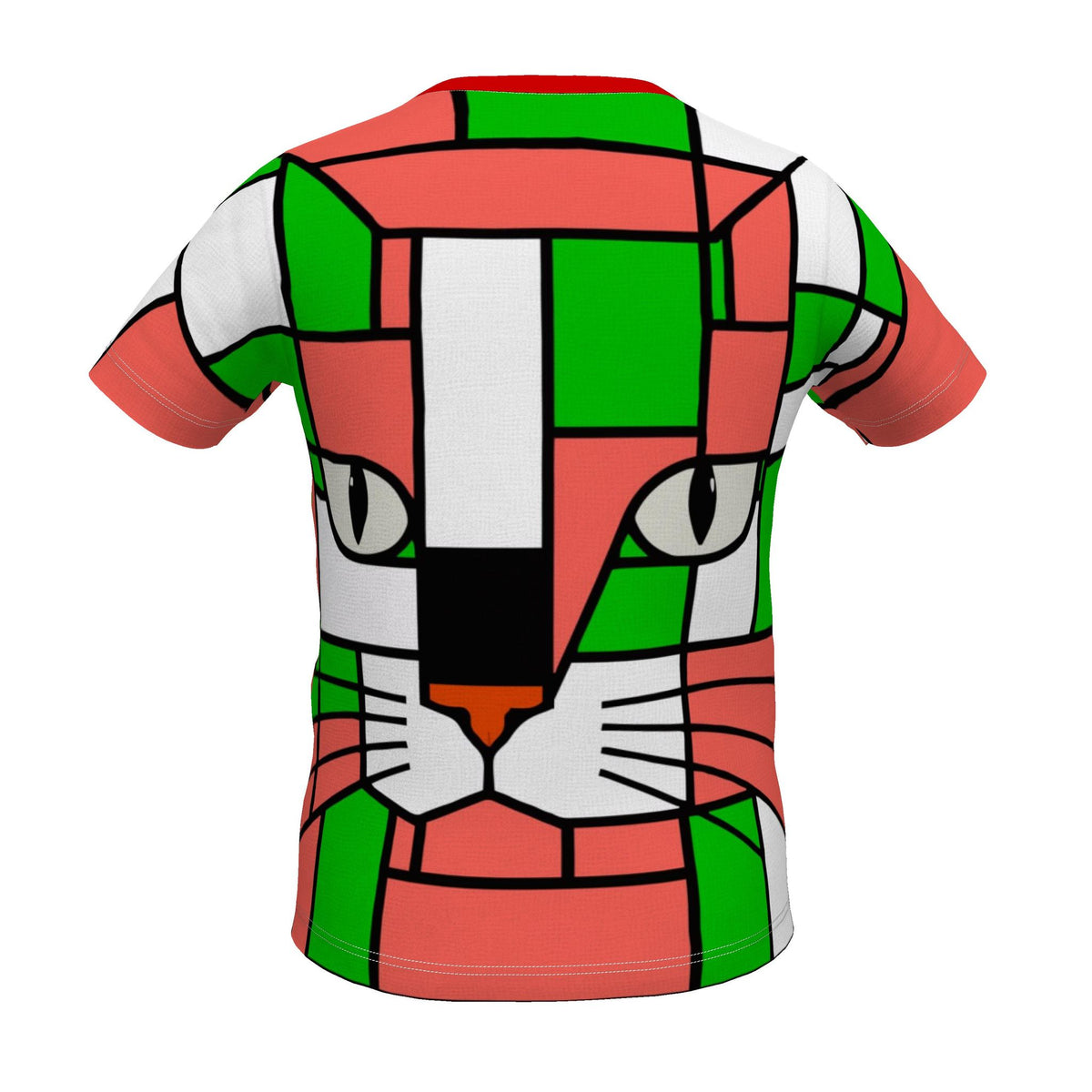 A short-sleeve crewneck t-shirt featuring a colorful, geometric cat face design in a stained-glass style. The pattern uses red, green, white, black, and orange blocks with black outlines, shown on a solid white background.