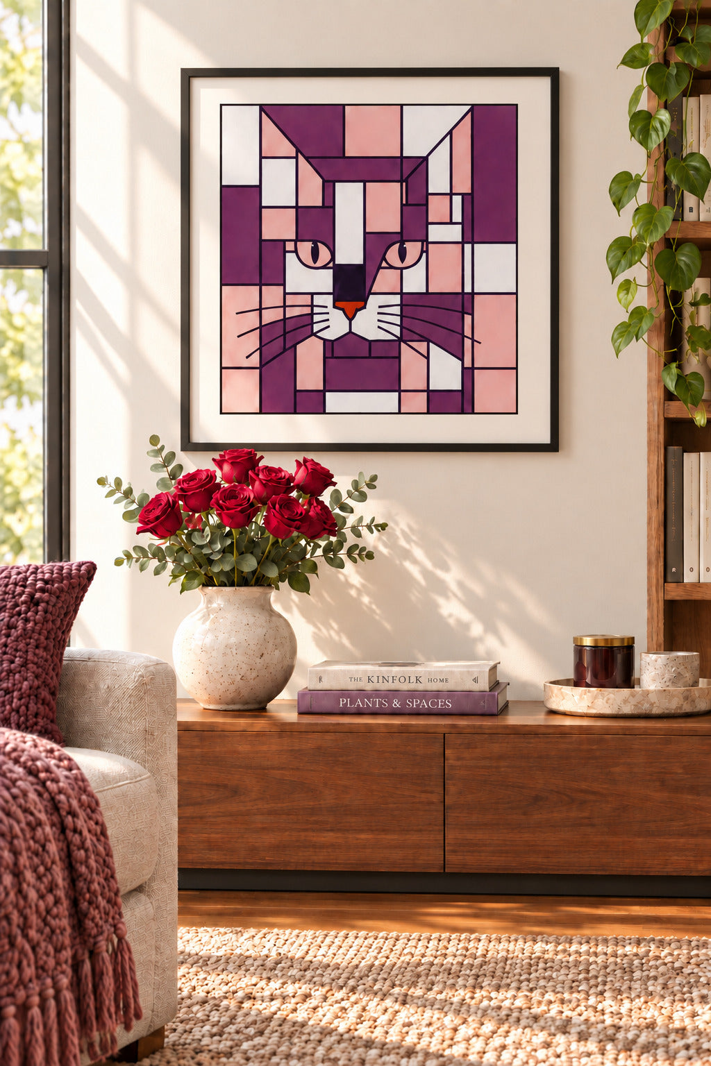 A stylized geometric cat face artwork made of pink, purple, white, black, and orange blocks with black grid lines.