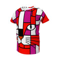 A short-sleeve crewneck t-shirt featuring a colorful, geometric, cubist-style cat face print in red, magenta, white, and black, shown against a plain white background.