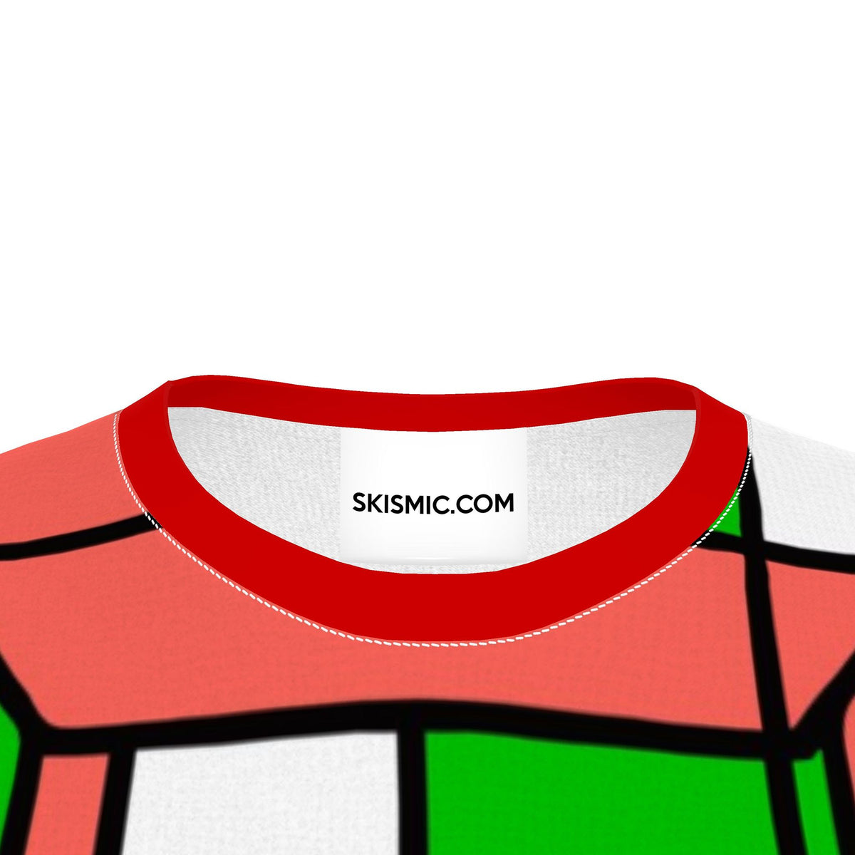 Close-up of the neck collar of a graphic t-shirt. The shirt features a red crew neck, a white inner collar with the text 'SKISMIC.