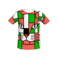 A short-sleeve crewneck t-shirt featuring a colorful, geometric cat face design in a stained-glass style. The pattern uses blocks of green, coral red, white, and black outlines.
