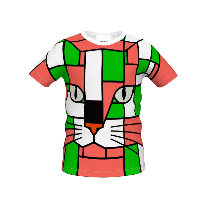 A short-sleeve crewneck t-shirt featuring a colorful, geometric cat face design in a stained-glass style. The pattern uses blocks of green, coral red, white, and black outlines.