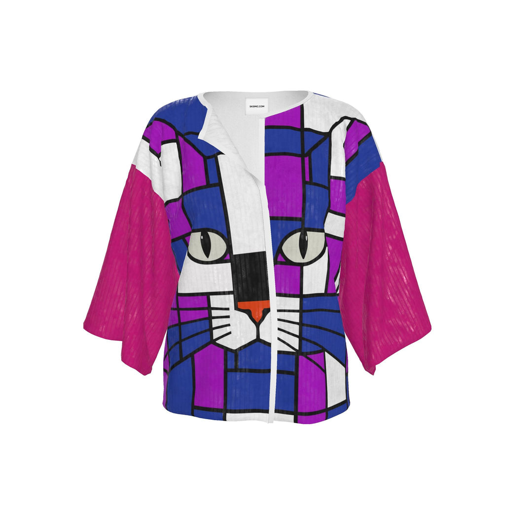 A women's open-front kimono with three-quarter sleeves, featuring a colorful geometric cat-face print in purple, blue, white, black, and magenta, with bright pink sleeves, shown on a plain white background.