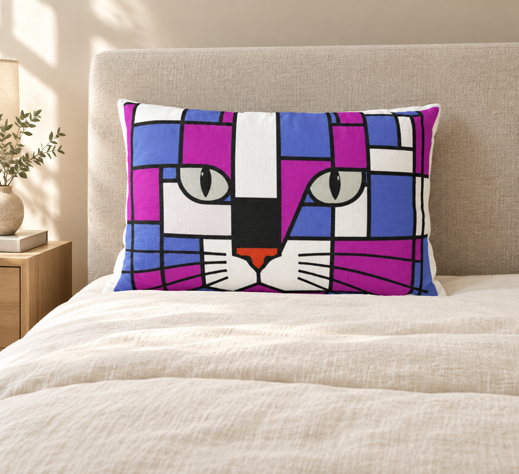 A rectangular throw pillow featuring a colorful, geometric cat face design in shades of purple, blue, white, black, and orange, resting on a beige bed with a matching headboard.
