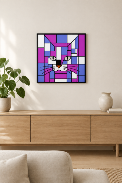 A framed square wall art print featuring a stylized cat face made of geometric blocks in purple, blue, pink, white, and black, hanging above a light wood console in a modern living room with a plant and vase.
