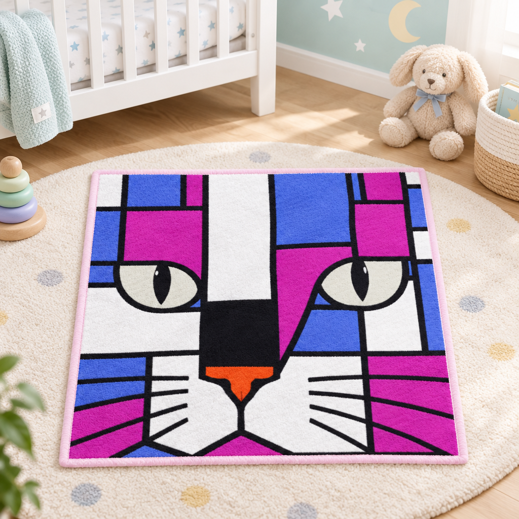 A stylized geometric cat face artwork in a pop-art stained-glass style, featuring purple, blue, white, black, gray, and orange shapes outlined in black, centered on a white background with a thin pink border.
