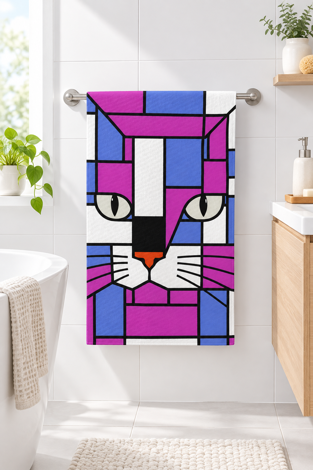 A blue ,purple microfibre towel likely a towel or blanket, featuring a colorful geometric cat face design in a stained-glass art style. The design uses magenta, blue, white, black, and a small orange accent.