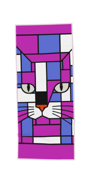 A rectangular beach towel featuring a colorful geometric cat face design in shades of magenta, purple, blue, white, and black.