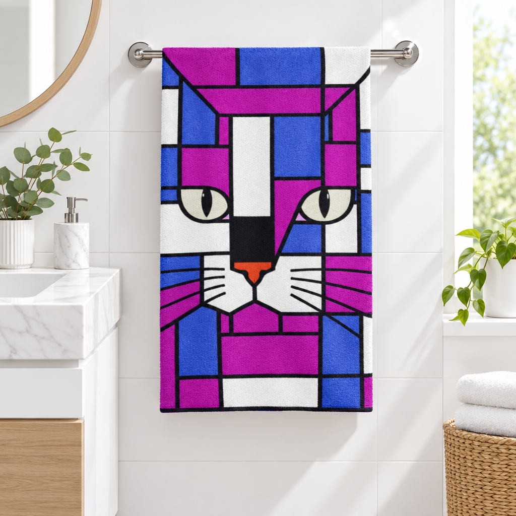 A colorful geometric cat towel hangs on a silver towel rack in a bright, modern bathroom. The towel features a stylized cat face made of pink, purple, blue, white, and black blocks, with a small orange nose.