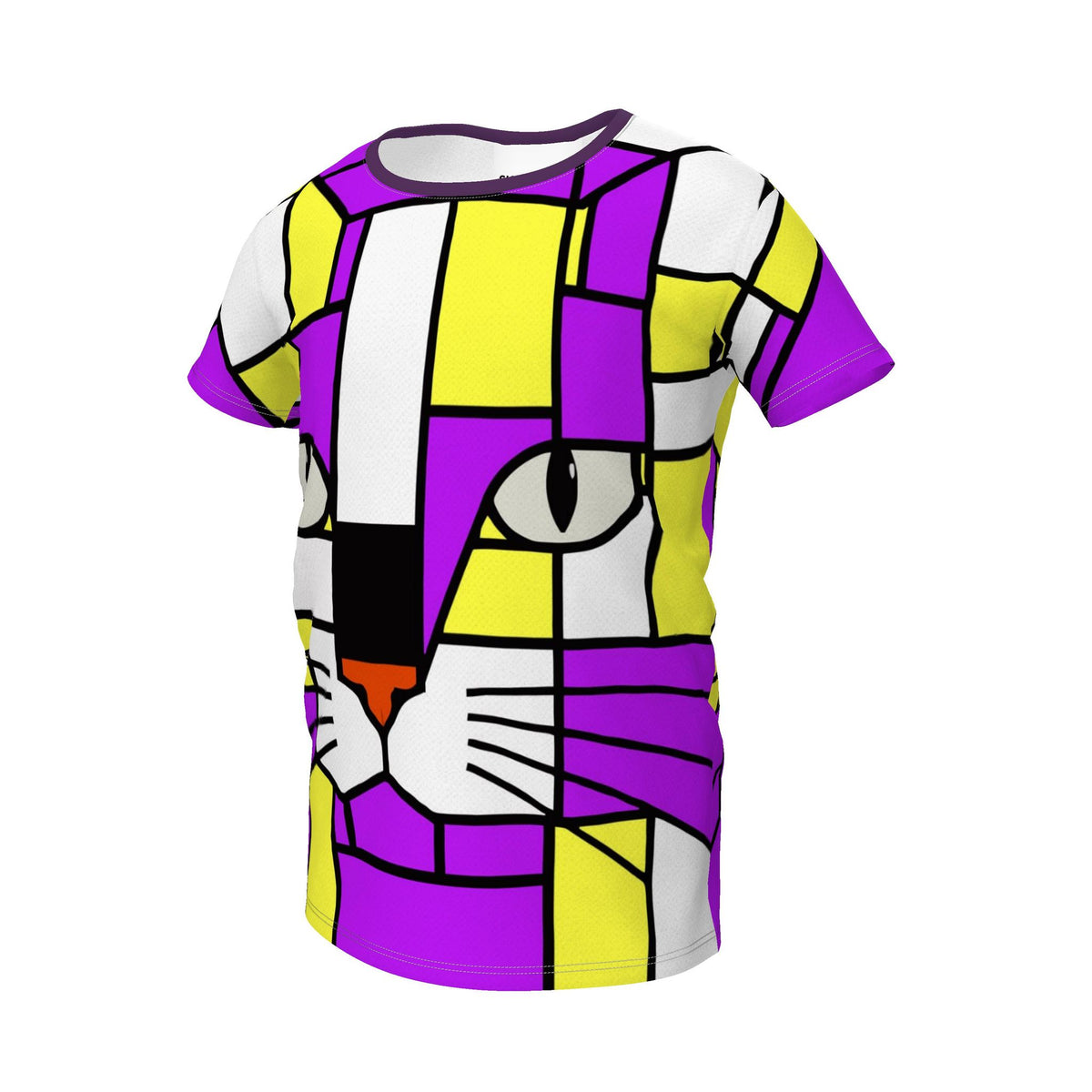 A short-sleeve crewneck t-shirt featuring a bold, geometric cat face design in a stained-glass art style. The pattern uses vibrant purple, bright yellow, white, black, and small orange accents, presented on a clean white background.