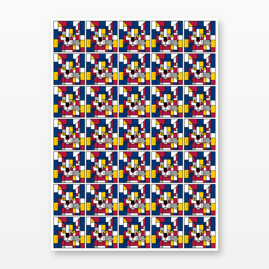 A sheet of 35 identical square stickers featuring a colorful geometric pattern inspired by Piet Mondrian, with red, blue, yellow, and white blocks separated by thin black lines, set against a light gray background.